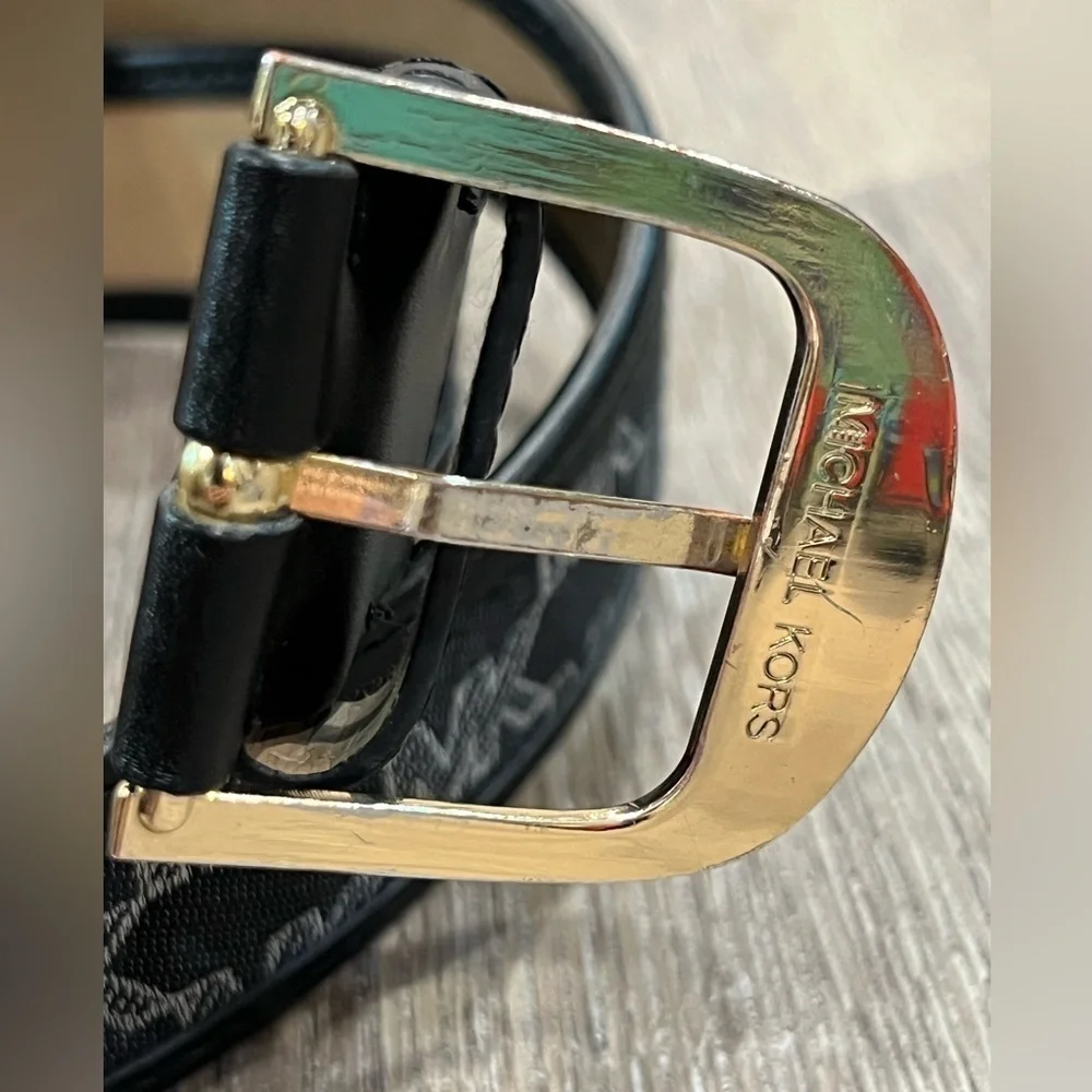 Michael Kors Large (36) Black Canvas Leather MK Brass Logo Buckle Designer Belt